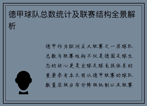 德甲球队总数统计及联赛结构全景解析