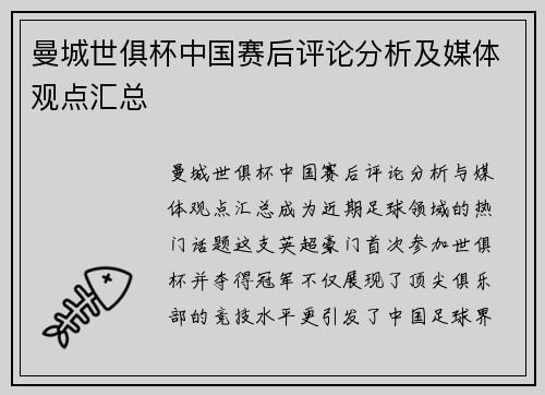 曼城世俱杯中国赛后评论分析及媒体观点汇总