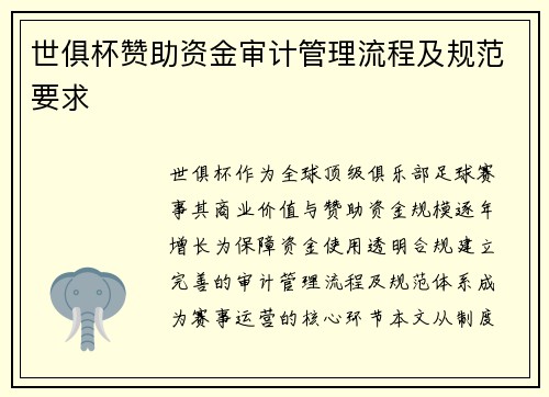 世俱杯赞助资金审计管理流程及规范要求